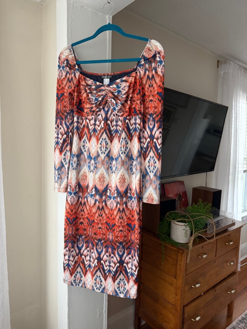 VENUS Bodycon Dress Size S Multicolor Ikat Print Twist Front